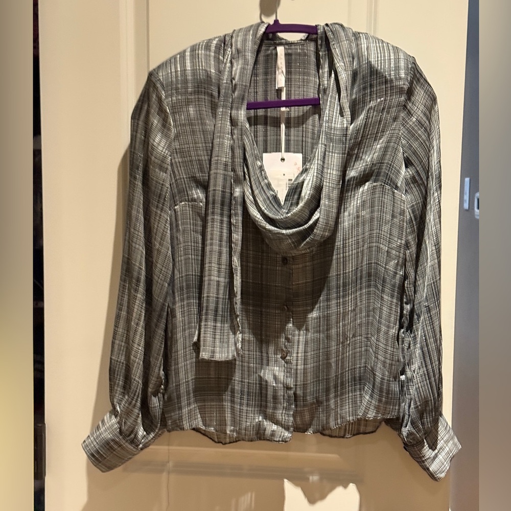 Elegant Gray Plaid Blouse with Scarf Detail